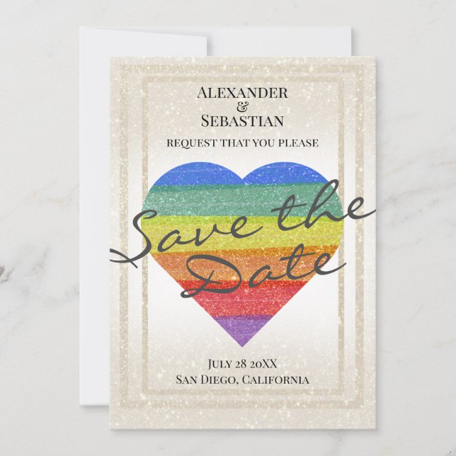Rainbow Glitter Heart Save the Date Custom Names Invitation (Front)