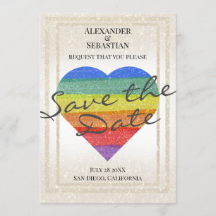 Rainbow Glitter Heart Save the Date Custom Names Invitation