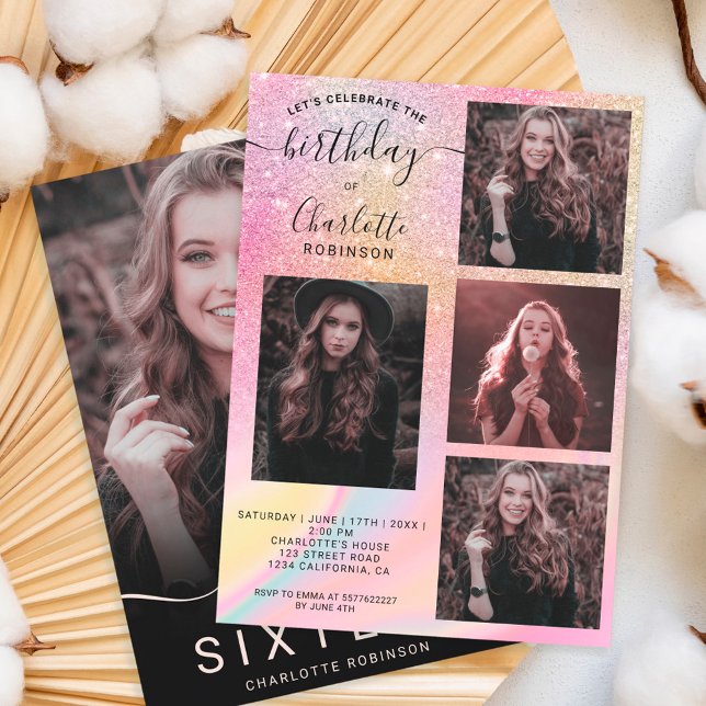 Rainbow glitter holographic 5 photos sweet 16 invitation (Creator Uploaded)