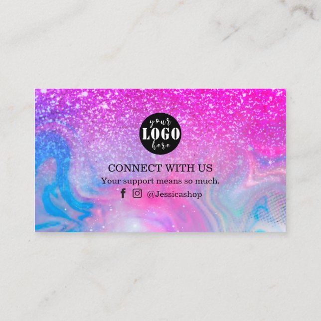 Rainbow glitter holographic thank you  business ca business card (Back)