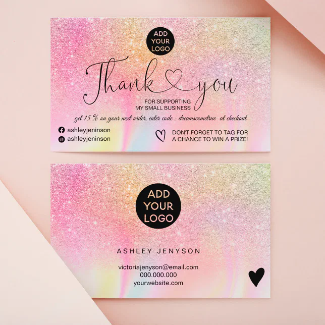Rainbow glitter marble logo order thank you business card | Zazzle