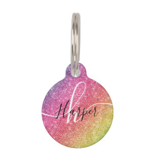 Rainbow Glitter Monogram Name Pet Tag