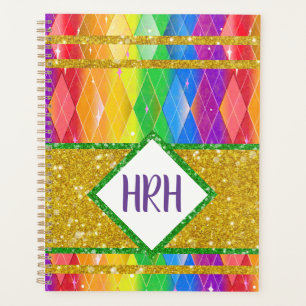 Rainbow Glitter Monogram Pride Argyle Diamond Planner