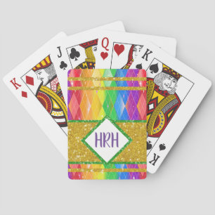 Rainbow Glitter Monogram Pride Argyle Diamond Playing Cards