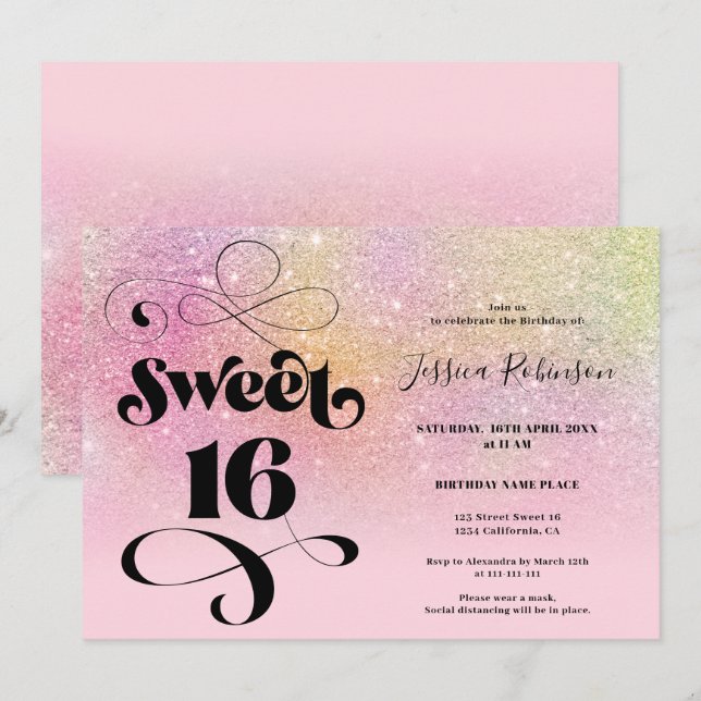 Rainbow glitter ombre chic girly pink Sweet 16 Invitation (Front/Back)