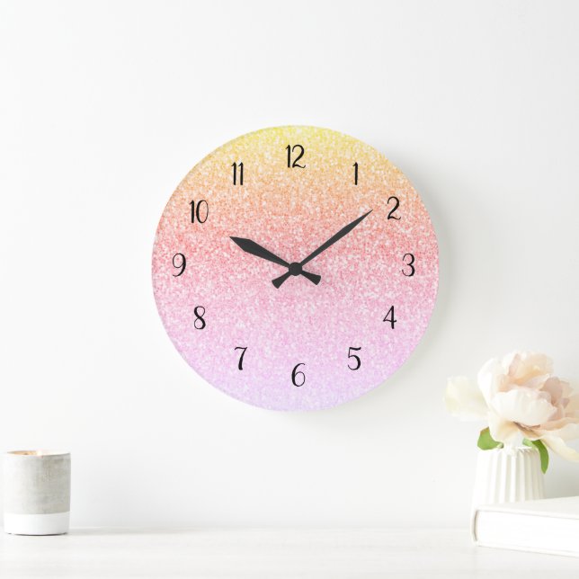 Rainbow Glitter Ombre Glam Large Clock (Home)