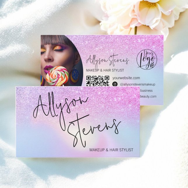 Rainbow Glitter Ombre Holographic Makeup QR Business Card (Rainbow Glitter Ombre Holographic Makeup QR Business Card)
