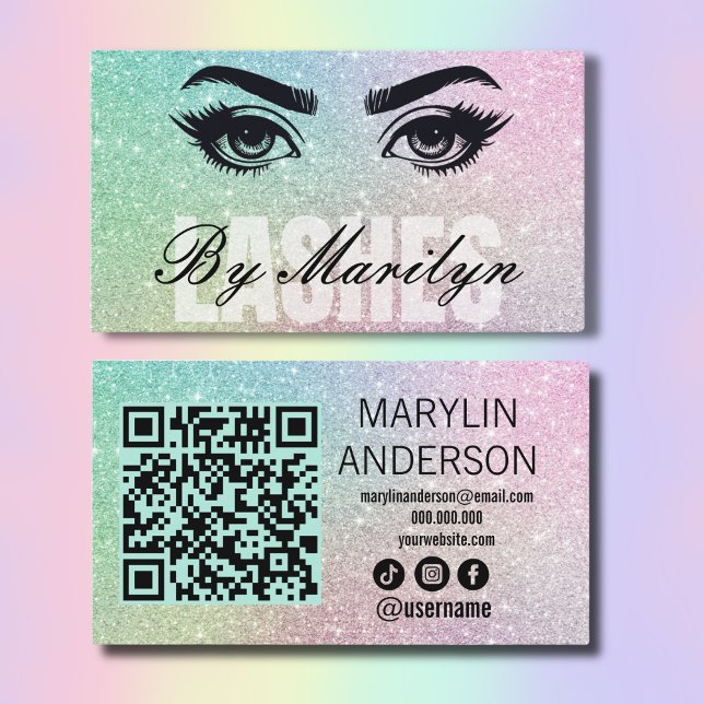 Rainbow Glitter Ombre Lash Tech QR Code Scannable Business Card (Creator Uploaded)