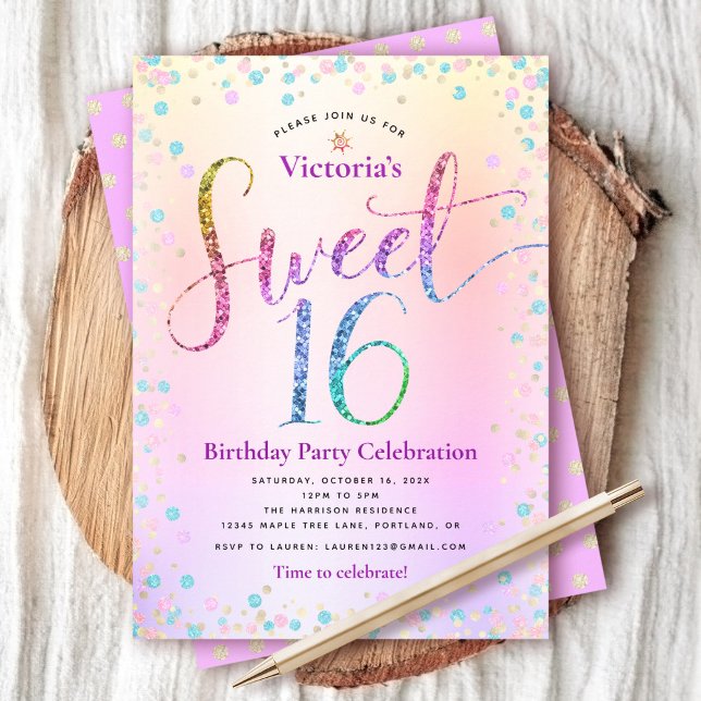 Rainbow Glitter Ombre Script Sweet 16 Birthday Invitation (Creator Uploaded)