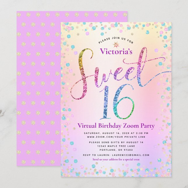 Rainbow Glitter Ombre Virtual Sweet 16 Birthday Invitation (Front/Back)
