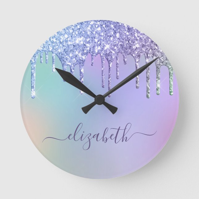 Rainbow Glitter Personalised Round Clock (Front)