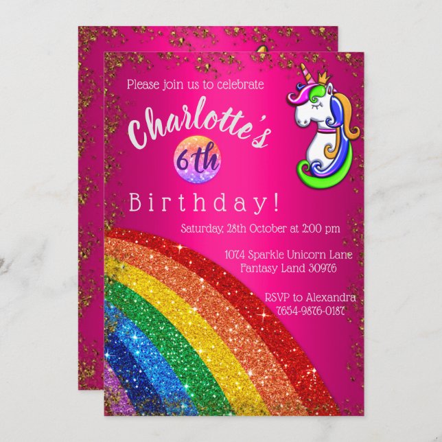 Rainbow Glitter Pink Unicorn Birthday Party Invitation (Front/Back)