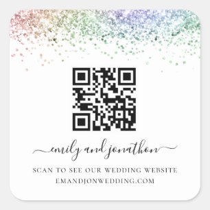 Rainbow Glitter QR Code Wedding Website  Square Sticker