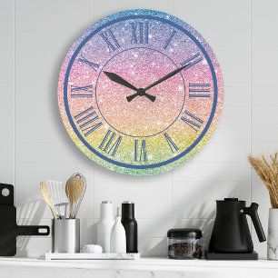 Rainbow Glitter Roman Numeral Sparkle Girly Large Clock