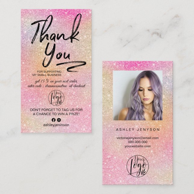 Rainbow glitter script photo logo order thank you business card (Front/Back)