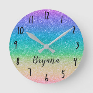 Rainbow Glitter Sparkle Glamour Girls Pretty Round Clock
