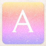 Rainbow Glitter & Sparkle Monogram Birthday Square Paper Coaster<br><div class="desc">Gold,  Pink ad Purple Rainbow Pastel Ombre Faux Glitter and Sparkle Elegant Monogram Birthday Party Coasters. These Birthday Party,  Bridal Shower,  Wedding or Bachelorette Party Coasters can be customised to include your initial and first name. Please contact the designer for customised matching items.</div>