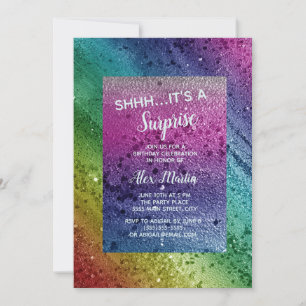 Rainbow Glitter Sparkle Purple Surprise Birthday Invitation