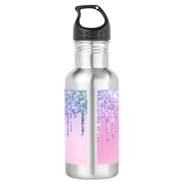 Rainbow glitter sparkle script modern girly script 532 ml water bottle (Back)