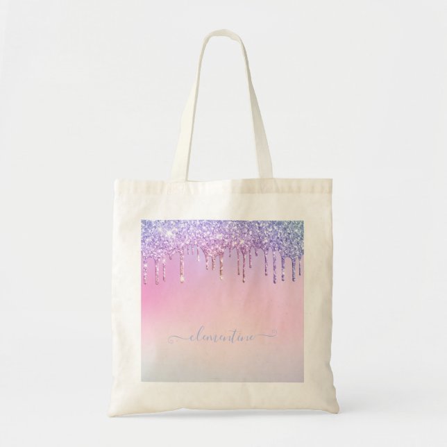 Rainbow glitter sparkle script modern girly script tote bag (Front)