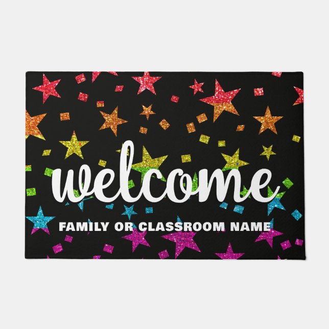 Rainbow Glitter Stars Teacher Classroom School  Doormat (Front)