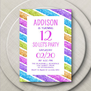 Rainbow Glitter Stripes Birthday Invitation