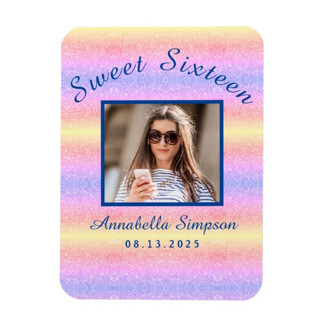 Rainbow Glitter Sweet 16 Birthday Save the Date Magnet (Vertical)