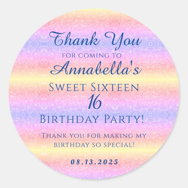 Rainbow Glitter Sweet 16 Sixteen Thank You Classic Round Sticker (Front)