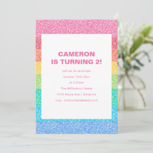 Rainbow Glitter Turning Two Modern Birthday Party Invitation