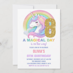 Rainbow Glitter Unicorn Birthday Invitations