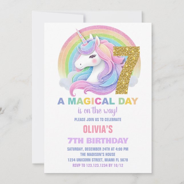 Rainbow Glitter Unicorn Birthday Invitations (Front)