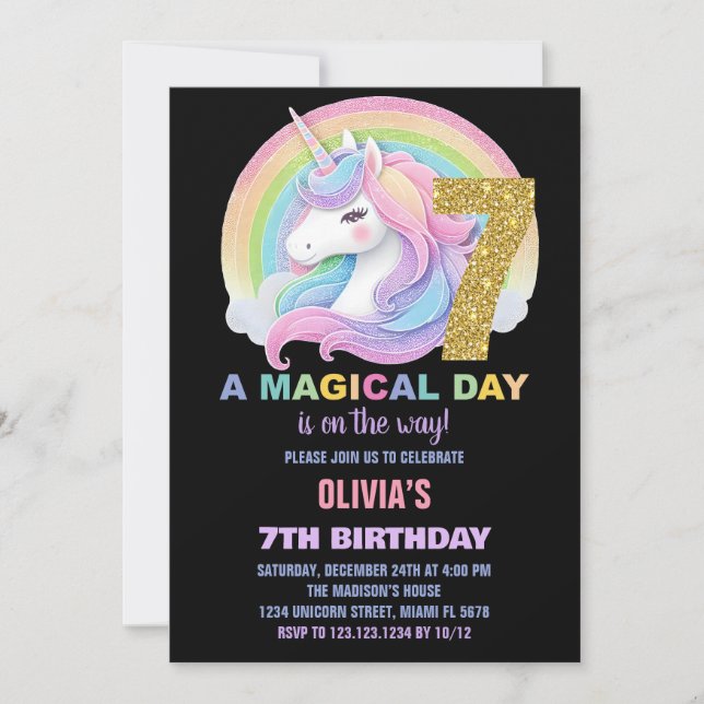 Rainbow Glitter Unicorn Birthday Invitations (Front)