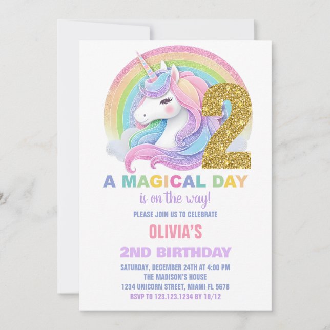 Rainbow Glitter Unicorn Birthday Invitations (Front)