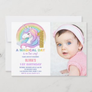 Rainbow Glitter Unicorn Birthday Invitations photo