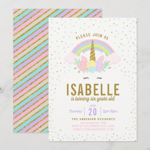 Rainbow Glitter Unicorn Birthday Party Invitation
