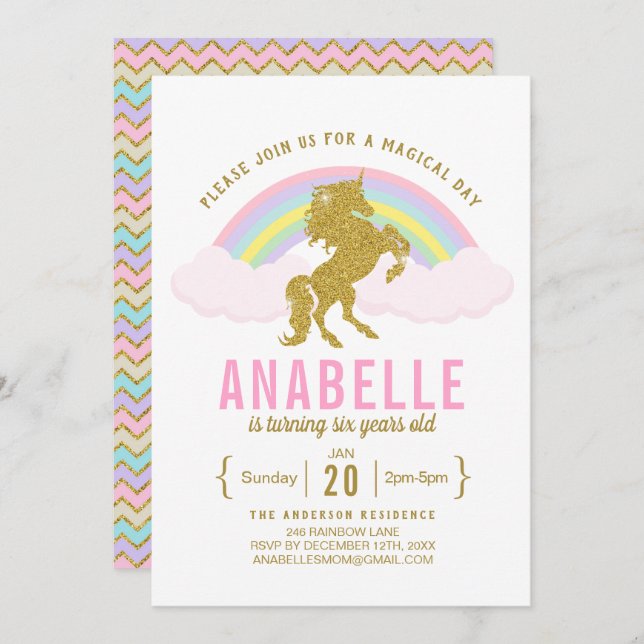 Rainbow Glitter Unicorn Birthday Party Invitation (Front/Back)