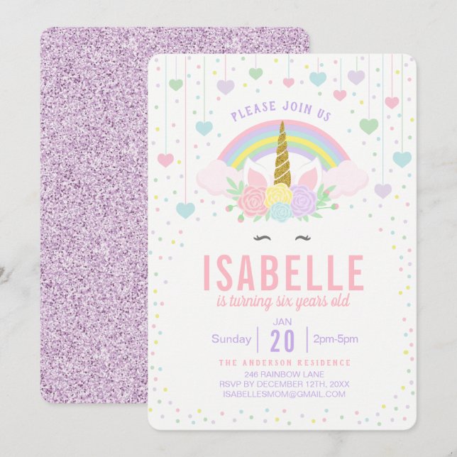 Rainbow Glitter Unicorn Birthday Party Invitation (Front/Back)
