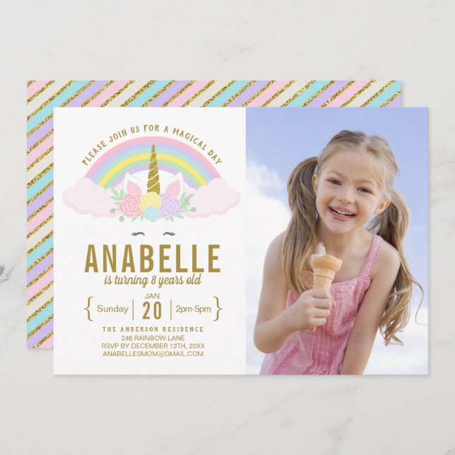 Rainbow Glitter Unicorn Photo Birthday Invitation (Front/Back)