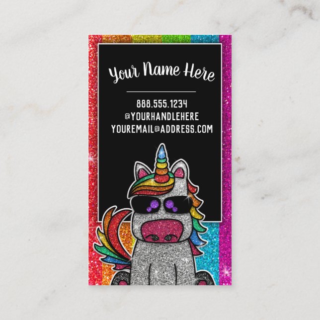 Rainbow Glitter Unicorn Professional Social Media  Business Card (Back)