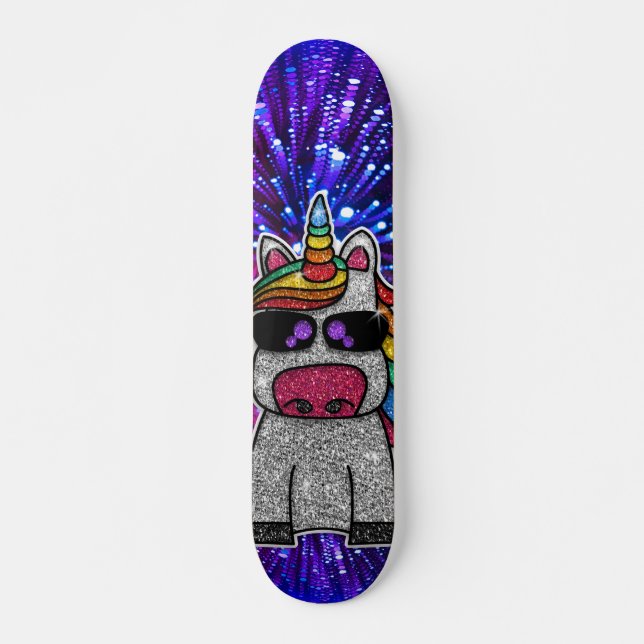 Rainbow Glitter Unicorn Sparkly Gold Sparkles Sk8r Skateboard (Front)