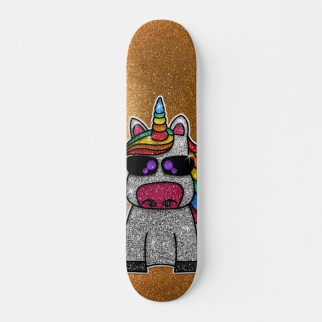 Rainbow Glitter Unicorn Sparkly Gold Sparkles Sk8r Skateboard (Front)