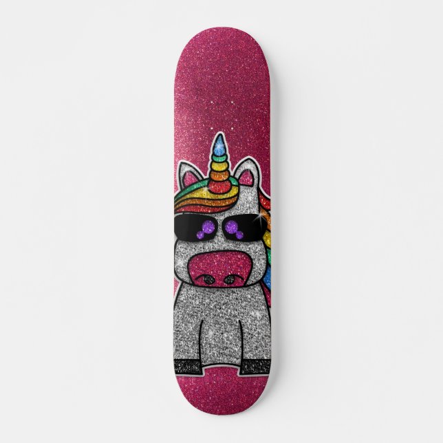 Rainbow Glitter Unicorn Sparkly Pink Sparkles Sk8r Skateboard (Front)