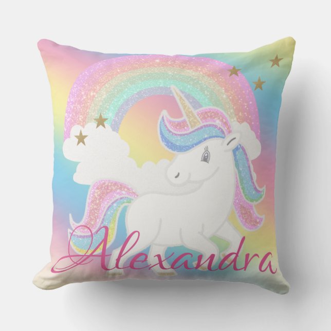 Rainbow Glitter Unicorn with Custom Name Cushion (Front)