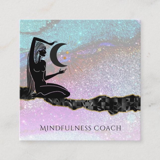 *~* Rainbow Glitter . Universe GODDESS Meditation Square Business Card (Front)