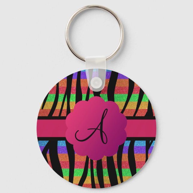 Rainbow glitter zebra stripes monogrammed key ring (Front)