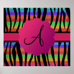 Rainbow glitter zebra stripes monogrammed poster