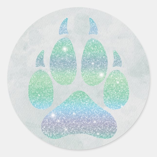 Rainbow Glitters Wolf Paw Trendy Girly Classic Round Sticker (Front)