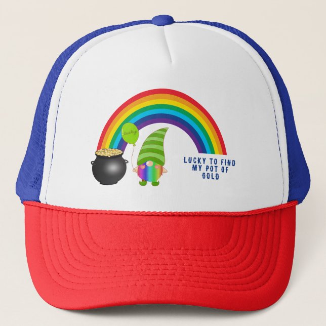 Rainbow Gnome Pot of Gold St Paddys Day Lucky Trucker Hat (Front)