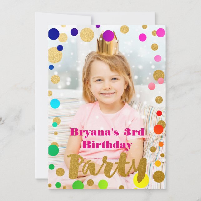Rainbow Gold Dots Birthday Party Photo Invitation (Front)