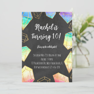 Rainbow & Gold Gemstones Modern Girls Birthday Invitation